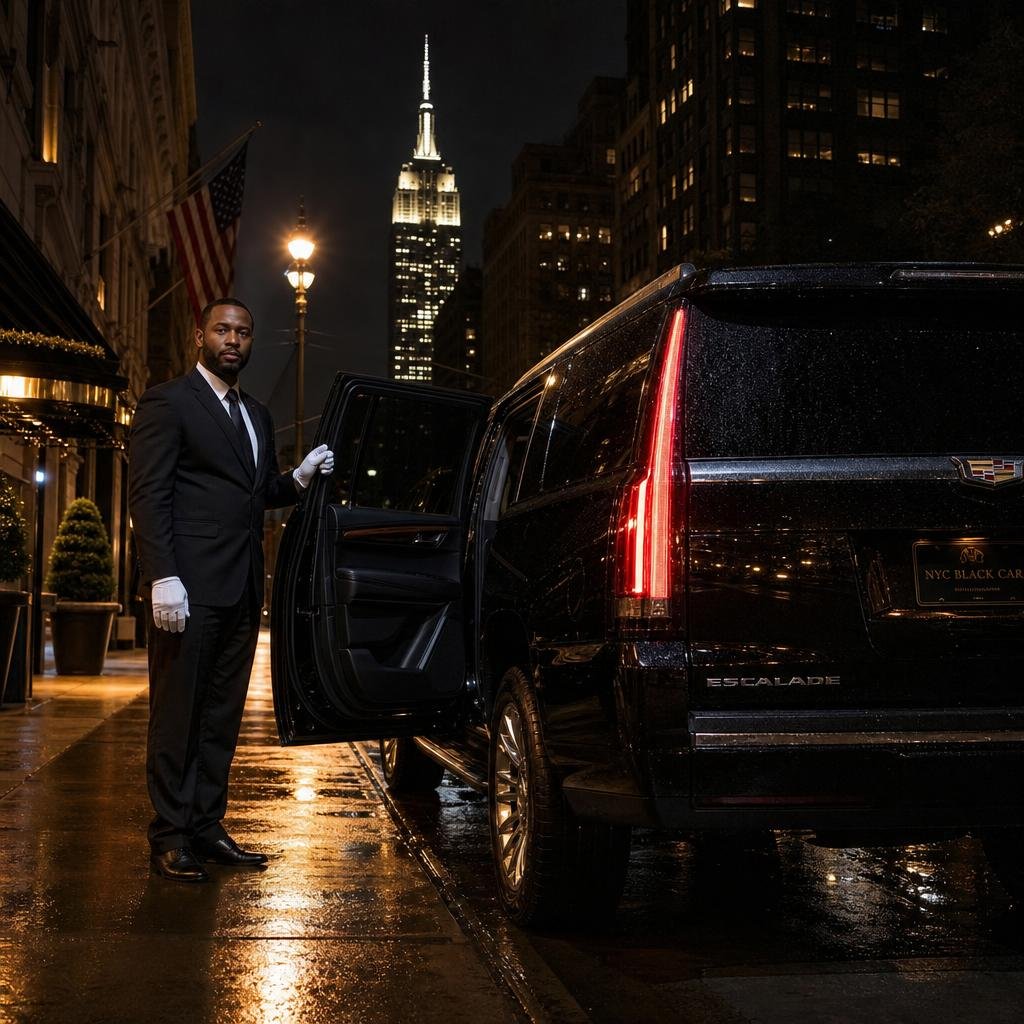 Professional chauffeur beside a premium vehicle