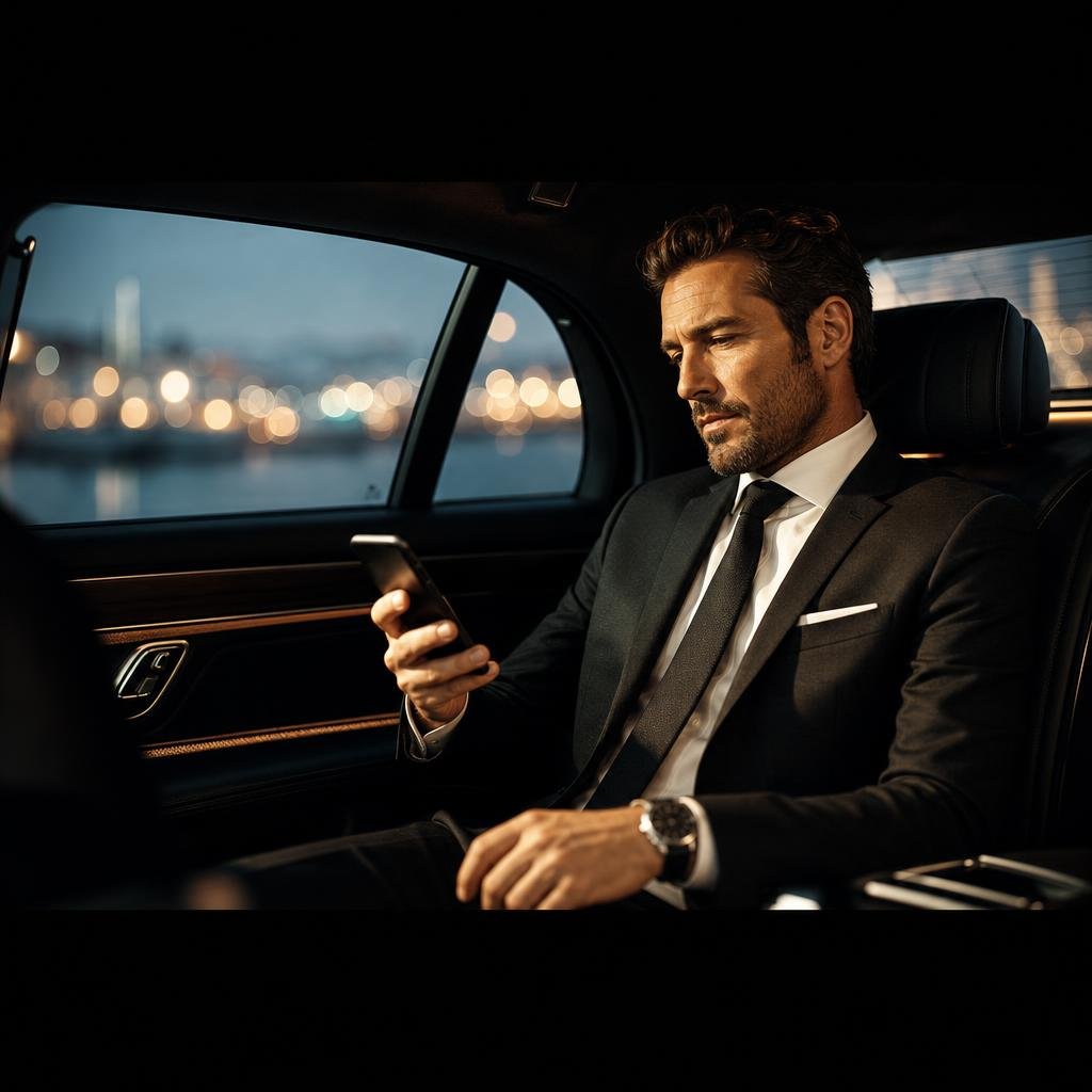 Passenger relaxing in the back of a premium chauffeured car