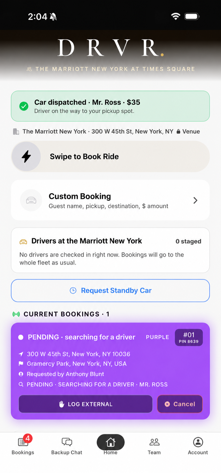 DRVR booking screen