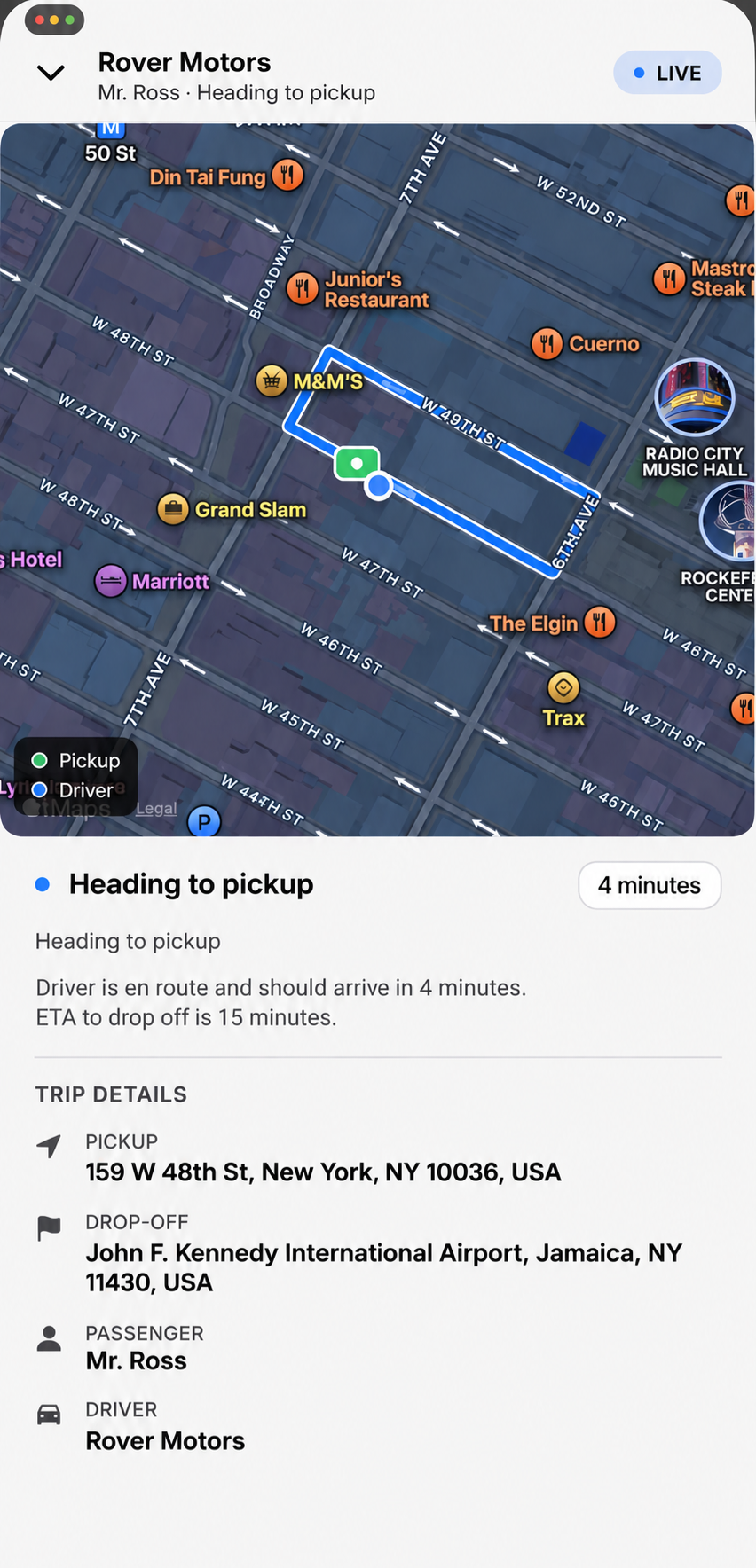 DRVR live tracking screen